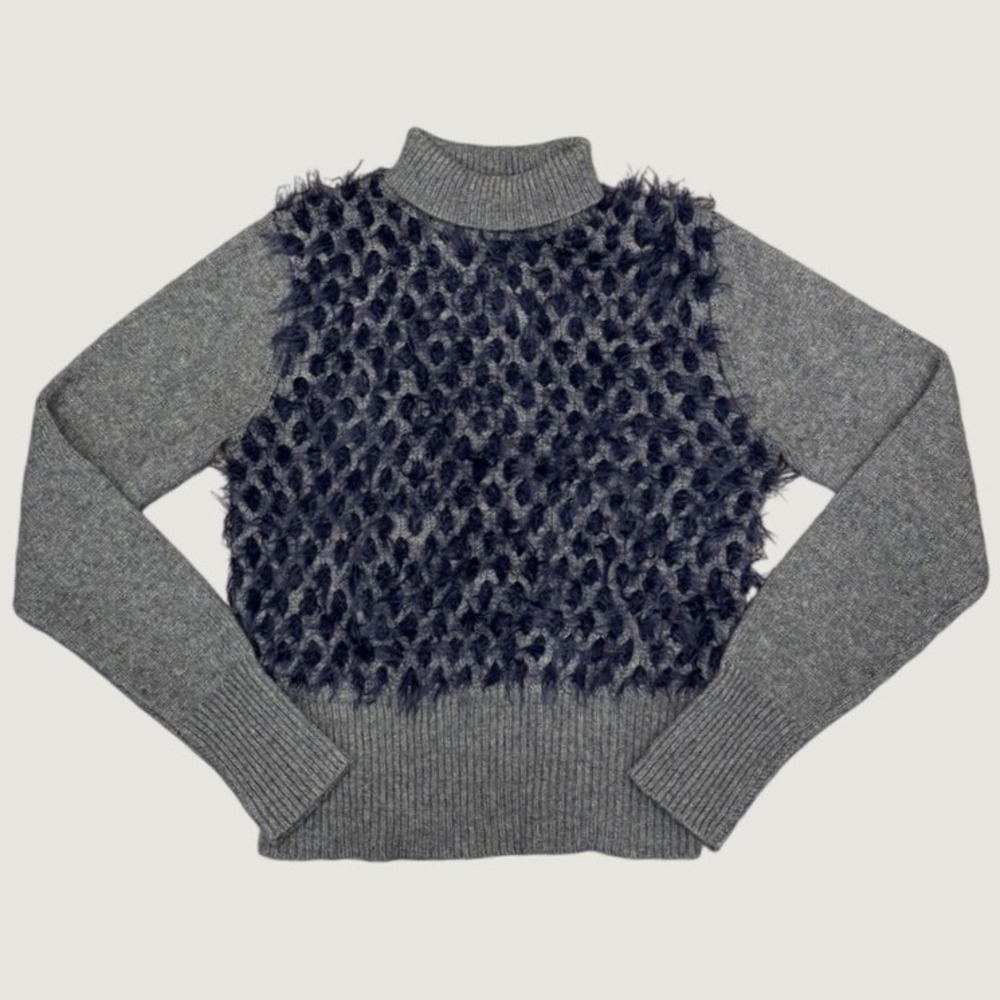 Autumn Cashmere Gray Navy Eyelash Knit Mock Neck Sweater Italian Yarn S Luxury